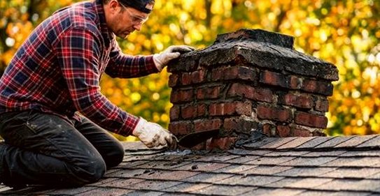 Brick courses being rung back true on a chimney stack