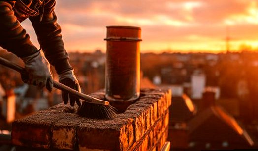 Chimney stack worked at dusk above the old grove country